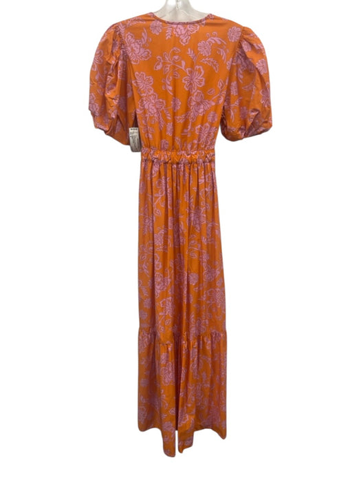 XiRENA Size M Orange & Pink Cotton V Neck Floral Print Puff Shoulder Dress Orange & Pink / M