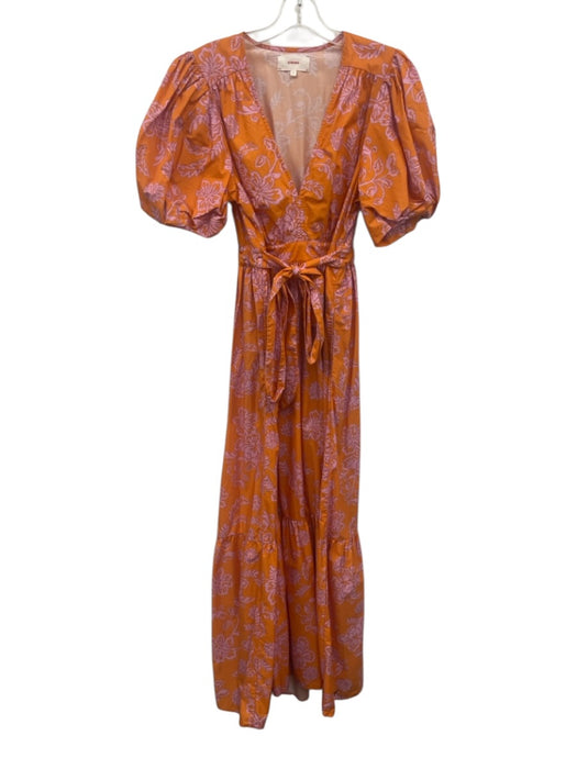 XiRENA Size M Orange & Pink Cotton V Neck Floral Print Puff Shoulder Dress Orange & Pink / M
