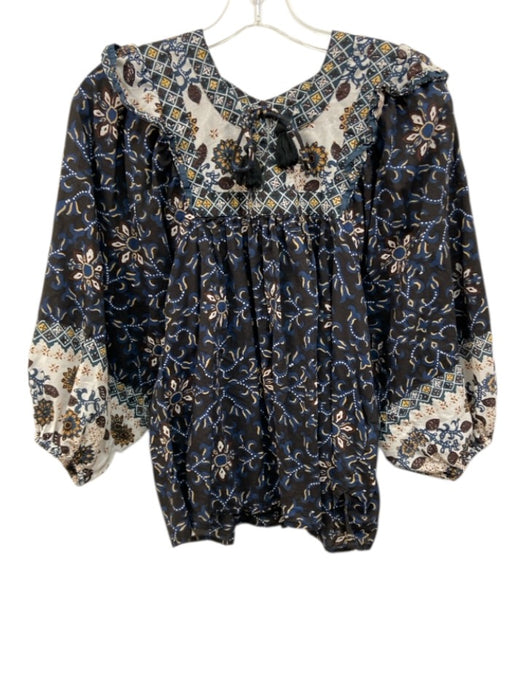 Cleobella Size M Black & Multi Cotton Tassel Tie Keyhole Back Top Black & Multi / M