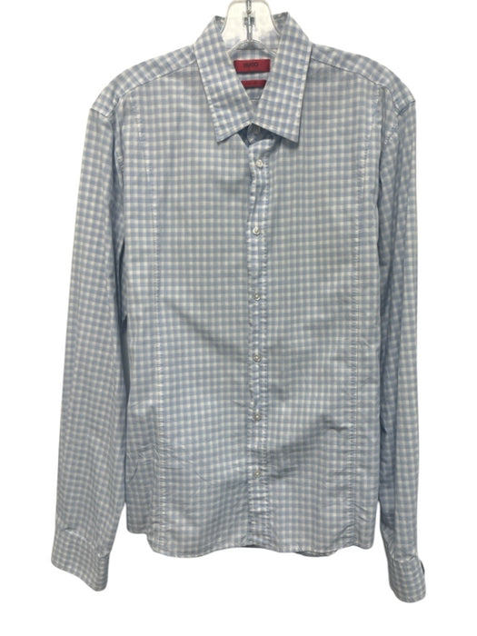 Boss Size L Blue & White Cotton Plaid Button Down Men's Long Sleeve Shirt Blue & White / L