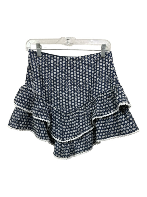 En Saison Size M Blue & White Cotton Side Zip Embroidered Flowers Tiered Skirt Blue & White / M