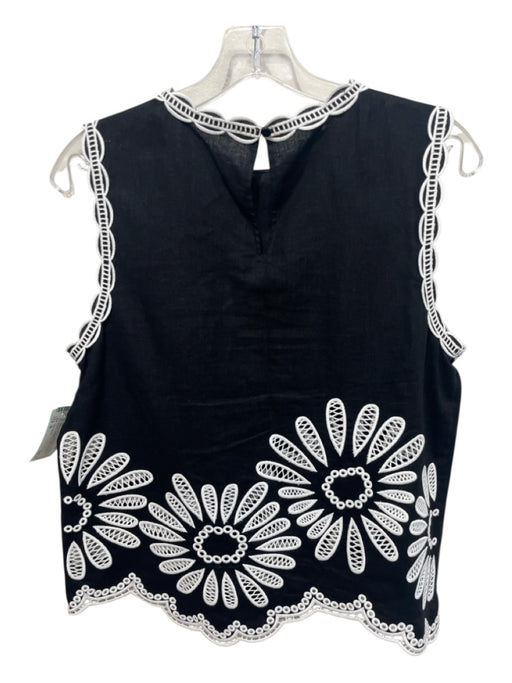 Elie Tahari Size M Black & White Linen Blend Embroidered Flower Sleeveless Top Black & White / M