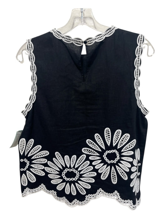 Elie Tahari Size M Black & White Linen Blend Embroidered Flower Sleeveless Top Black & White / M