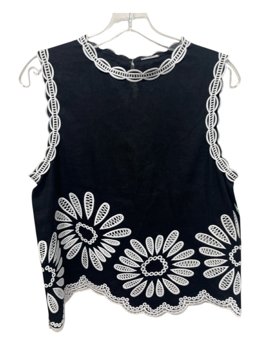 Elie Tahari Size M Black & White Linen Blend Embroidered Flower Sleeveless Top Black & White / M