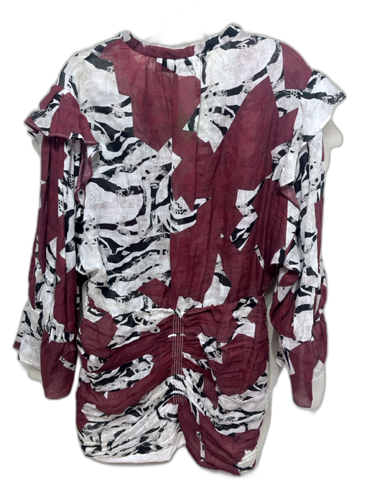 IRO Size 40 Red, White, Black Ramie Semi Sheer Abstract Ruched Half Sleeve Dress Red, White, Black / 40