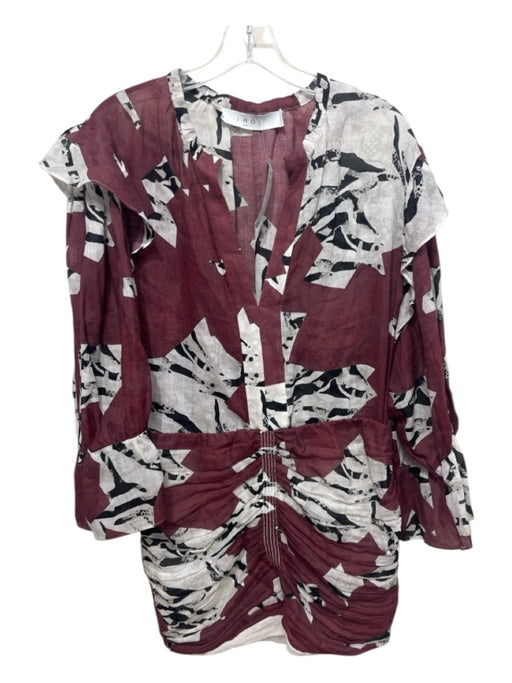 IRO Size 40 Red, White, Black Ramie Semi Sheer Abstract Ruched Half Sleeve Dress Red, White, Black / 40