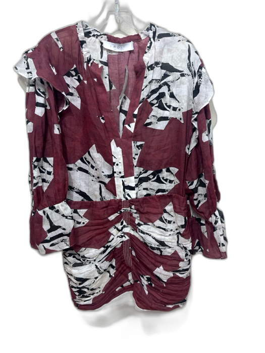 IRO Size 40 Red, White, Black Ramie Semi Sheer Abstract Ruched Half Sleeve Dress Red, White, Black / 40