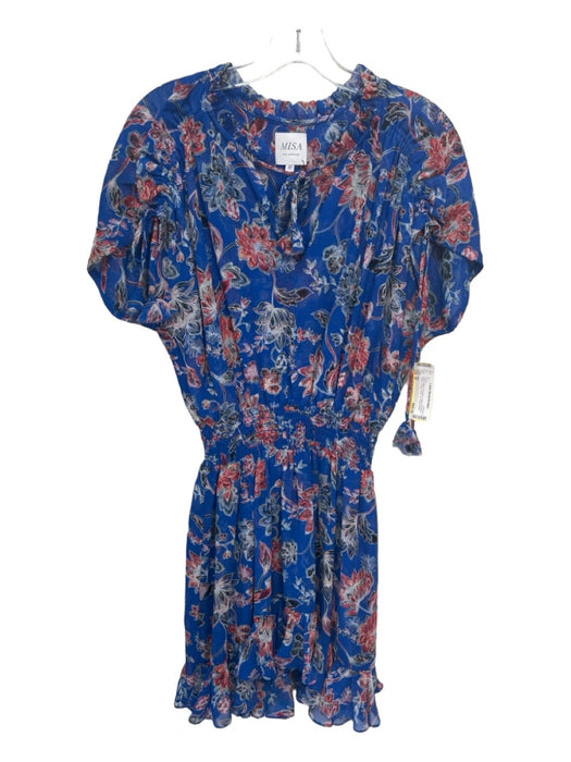 Misa Size M Blue & Multi Polyester Floral Smocked Waist V Neck Neck Tie Dress Blue & Multi / M