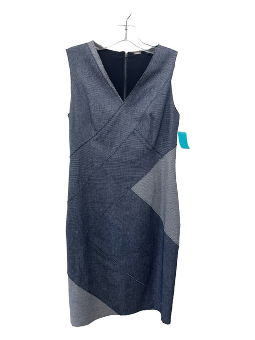 Elie Tahari Size 6 Chambray Cotton Denim V Neck Sleeveless Paneled Raw Hem Dress Chambray / 6