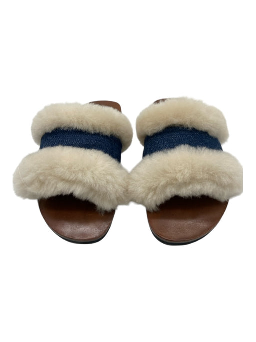 Californians Shoe Size 7 Brown, Blue, White Leather & Shearling open toe Sandals Brown, Blue, White / 7