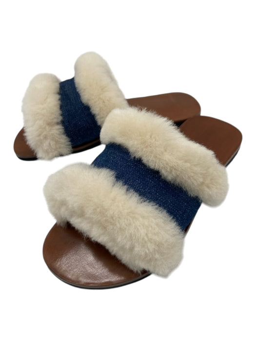 Californians Shoe Size 7 Brown, Blue, White Leather & Shearling open toe Sandals Brown, Blue, White / 7