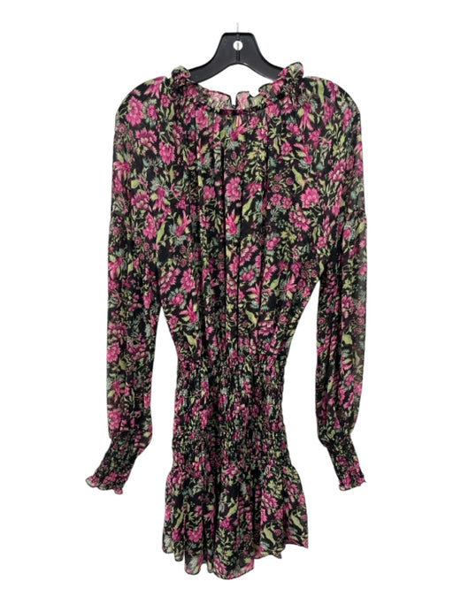 Misa Size XS Black Green Pink Polyester Floral Ruffle Neckline Long Sleeve Dress Black Green Pink / XS