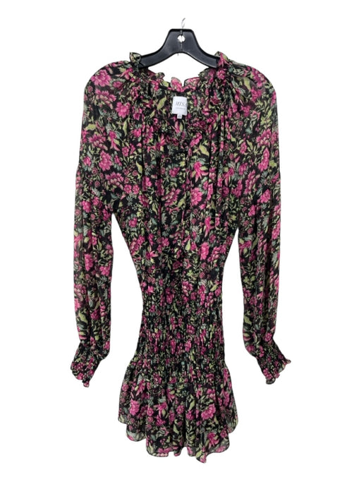 Misa Size XS Black Green Pink Polyester Floral Ruffle Neckline Long Sleeve Dress Black Green Pink / XS