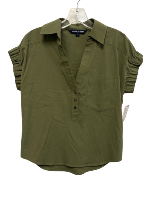 Veronica Beard Size XS Moss Green Cotton & Spandex Short Sleeve Seersucker Top Moss Green / XS