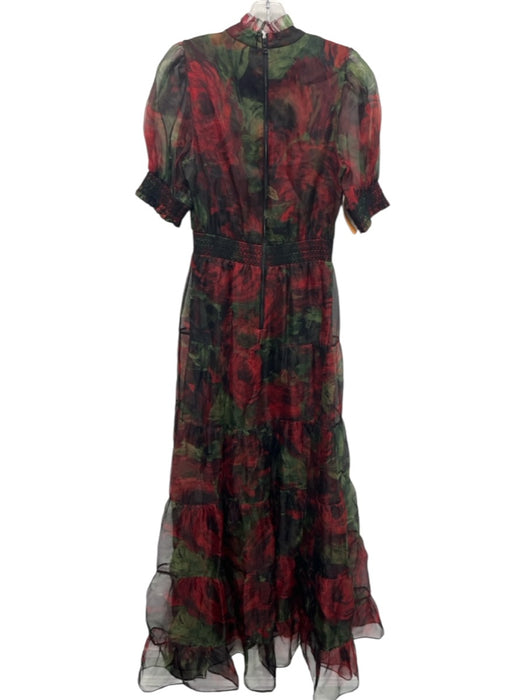 Alice + Olivia Size 2 Red, Green & Black Silk Chiffon Overlay Floral Dress Red, Green & Black / 2