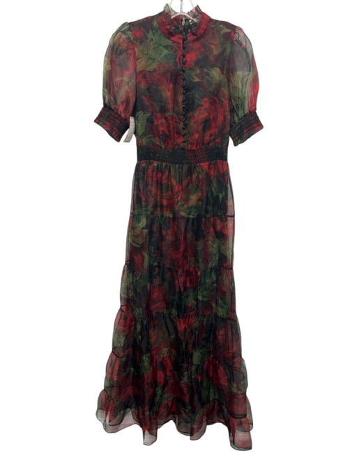 Alice + Olivia Size 2 Red, Green & Black Silk Chiffon Overlay Floral Dress Red, Green & Black / 2