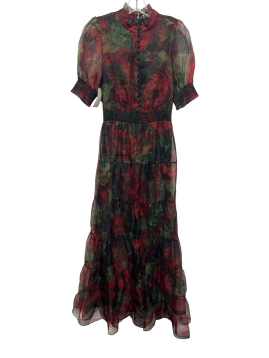 Alice + Olivia Size 2 Red, Green & Black Silk Chiffon Overlay Floral Dress Red, Green & Black / 2