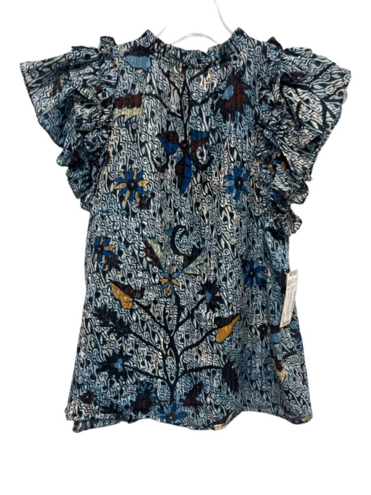 Ulla Johnson Size 2 Blue, Burgundy & Multi Cotton Blend Ruffle Short Sleeve Top Blue, Burgundy & Multi / 2