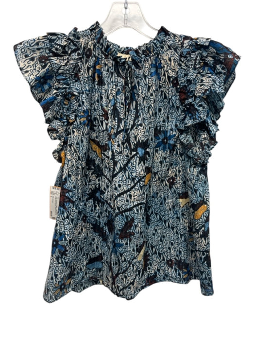 Ulla Johnson Size 2 Blue, Burgundy & Multi Cotton Blend Ruffle Short Sleeve Top Blue, Burgundy & Multi / 2