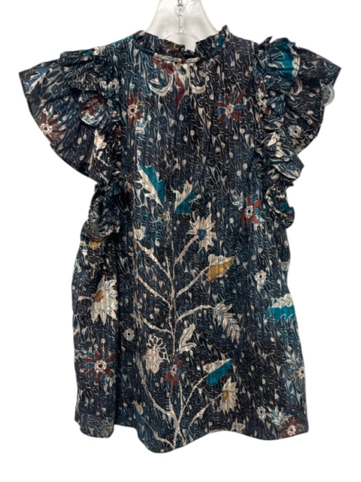 Ulla Johnson Size 2 Teal Blue, Tan & Multi Cotton Blend Ruffle Short Sleeve Top Teal Blue, Tan & Multi / 2
