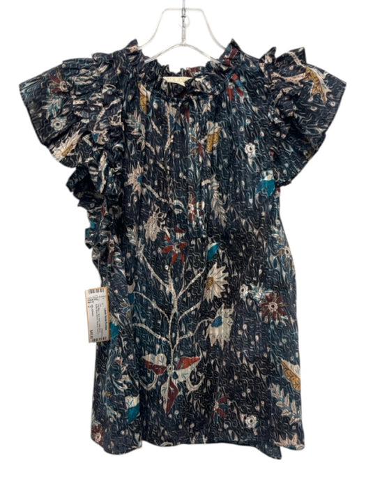 Ulla Johnson Size 2 Teal Blue, Tan & Multi Cotton Blend Ruffle Short Sleeve Top Teal Blue, Tan & Multi / 2