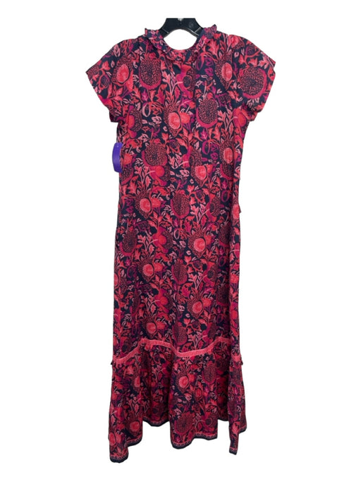 La Plage Size XS Navy, Pink & Red Cotton Short Sleeve V Neck Side Zip Maxi Dress Navy, Pink & Red / XS