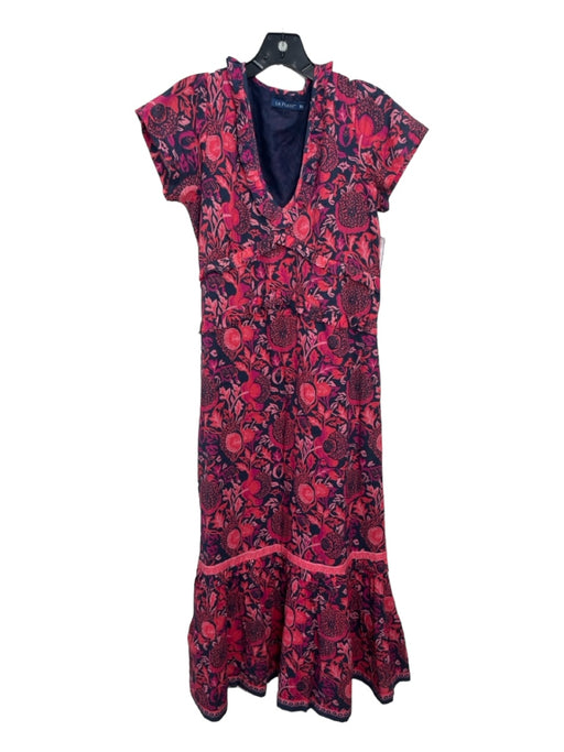 La Plage Size XS Navy, Pink & Red Cotton Short Sleeve V Neck Side Zip Maxi Dress Navy, Pink & Red / XS