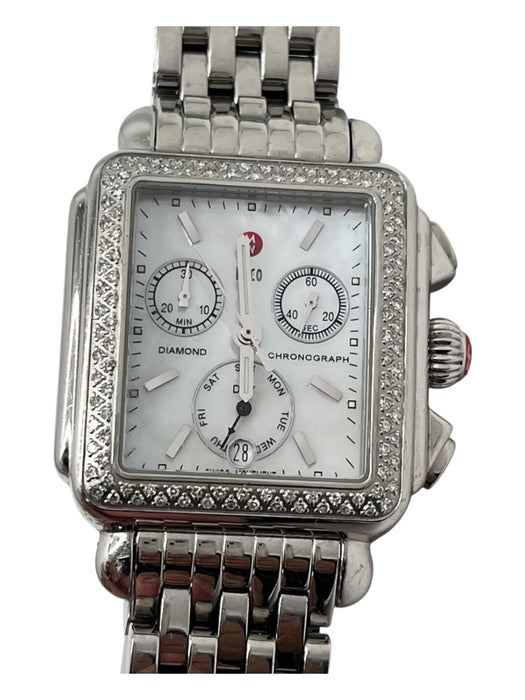 Michele Silver Stainless steel Square face Mother of Pearl Pave Bezel Watchband Silver