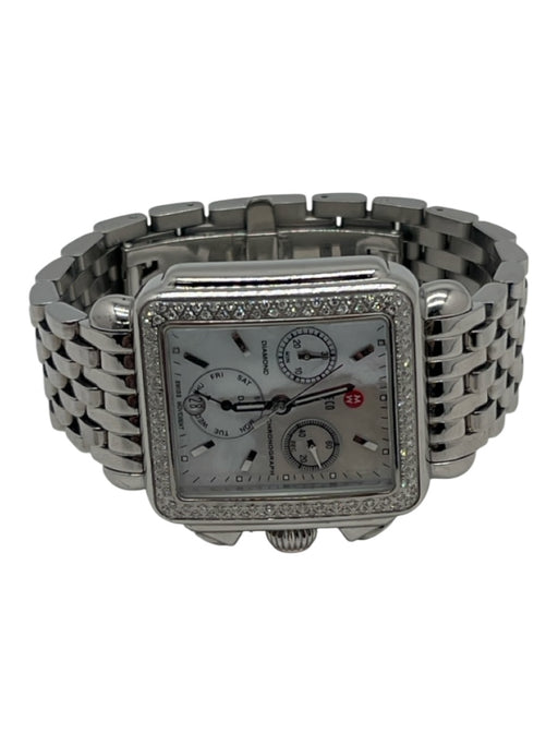 Michele Silver Stainless steel Square face Mother of Pearl Pave Bezel Watchband Silver