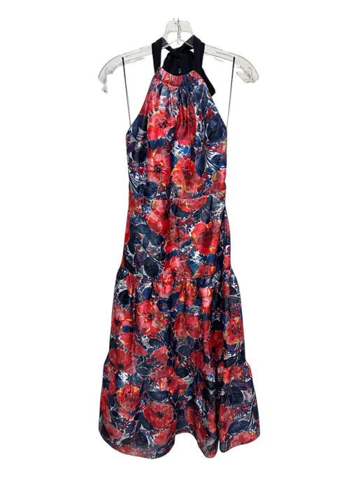 Milly Size 2 Red, Blue & Black Polyester Blend Halter Tie Neck Floral Dress Red, Blue & Black / 2
