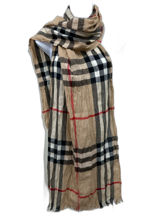 Burberry Tan, Black & Red Plaid Fringe Hem scarf Tan, Black & Red