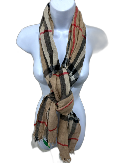 Burberry Tan, Black & Red Plaid Fringe Hem scarf Tan, Black & Red