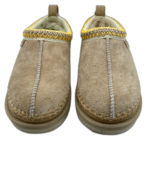 Ugg Shoe Size 7 Tan Beige Suede Fur lined Slip On Embroidered Trim Booties Tan Beige / 7