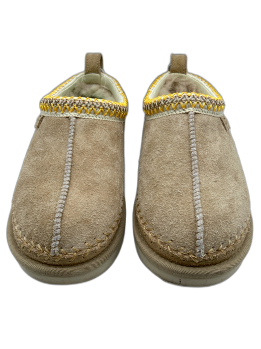 Ugg Shoe Size 7 Tan Beige Suede Fur lined Slip On Embroidered Trim Booties Tan Beige / 7