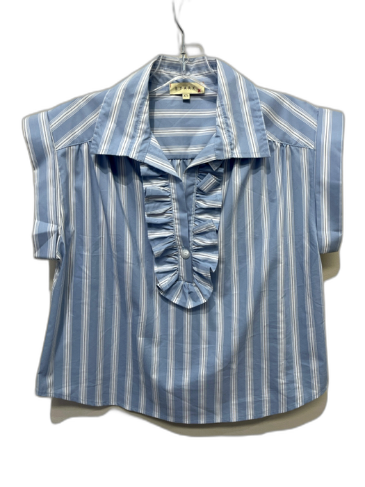 Stark X Size XS Light blue & white Cotton Blend Cap Sleeve Ruffles Collar Top Light blue & white / XS