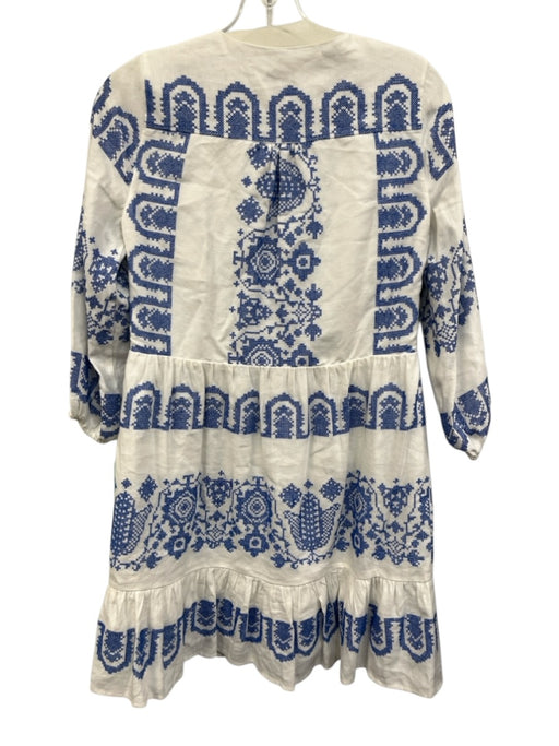 Milly Size 2 White & Blue Embroidered Geometric Balloon Sleeve Mini Dress White & Blue / 2