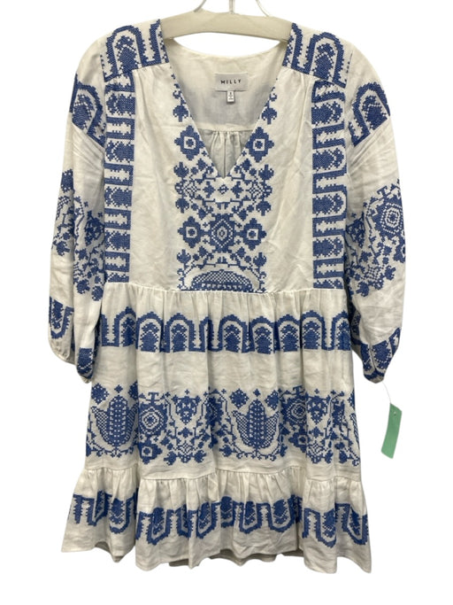 Milly Size 2 White & Blue Embroidered Geometric Balloon Sleeve Mini Dress White & Blue / 2