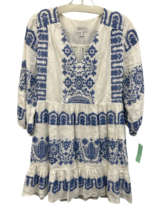 Milly Size 2 White & Blue Embroidered Geometric Balloon Sleeve Mini Dress White & Blue / 2