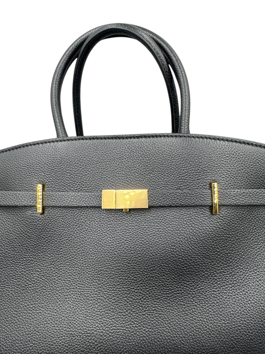 DeMellier Black Leather Gold Tone Hardware Top Handle Magnetic Close Satchel Bag Black / Midi
