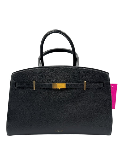 DeMellier Black Leather Gold Tone Hardware Top Handle Magnetic Close Satchel Bag Black / Midi