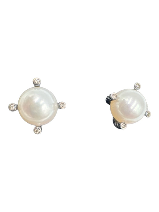 David Yurman Silver & Pearl Pearl Pave Diamonds Cable Post Back Studs Earrings Silver & Pearl