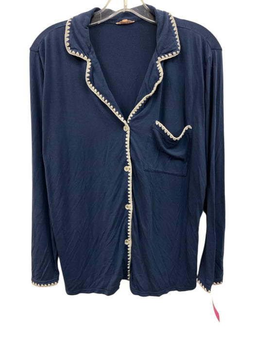 Eberjey Size XS Navy Blue & White Tencel Long Sleeve Contrast Stitch Pant Set Navy Blue & White / XS