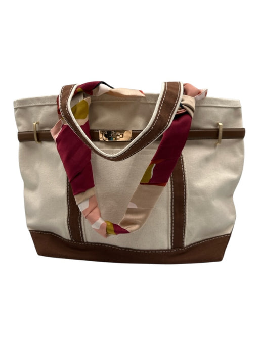 CB Station Beige & Brown Canvas Tote Goldtone Hardware Leather Trim Bag Beige & Brown