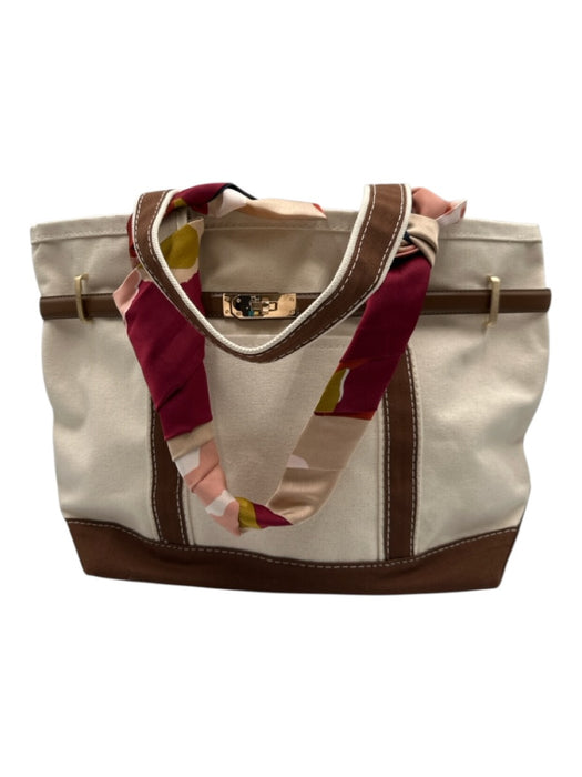 CB Station Beige & Brown Canvas Tote Goldtone Hardware Leather Trim Bag Beige & Brown