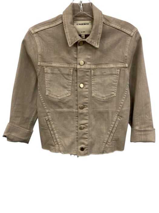 L'agence Size S Tan Cotton Denim Raw Hem Button Up Jacket Tan / S
