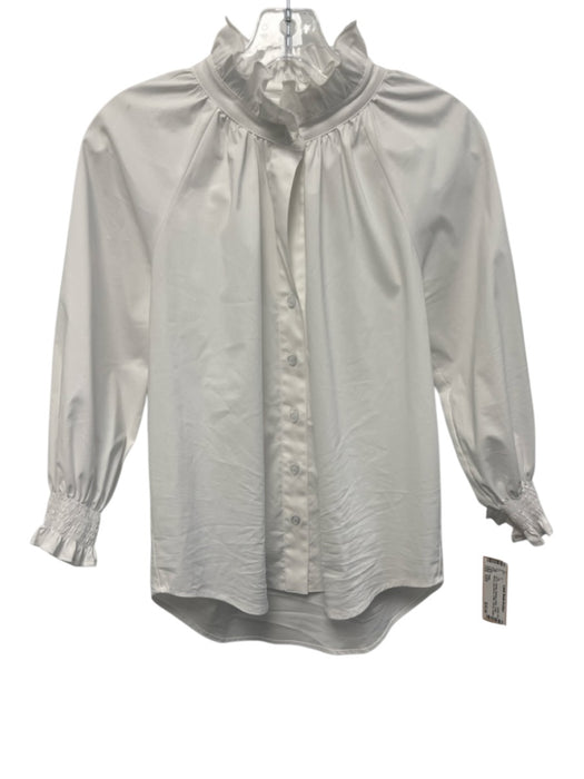 Finley Size XXS White Cotton Blend Long Sleeve Ruffle Shirred Button Front Top White / XXS
