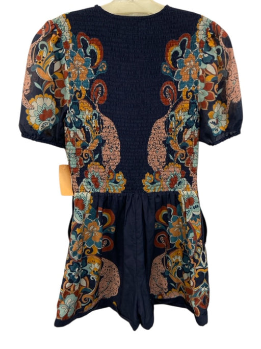 Caballero Size S Navy & Multi Cotton & Silk Button Up All Over Print Romper Navy & Multi / S