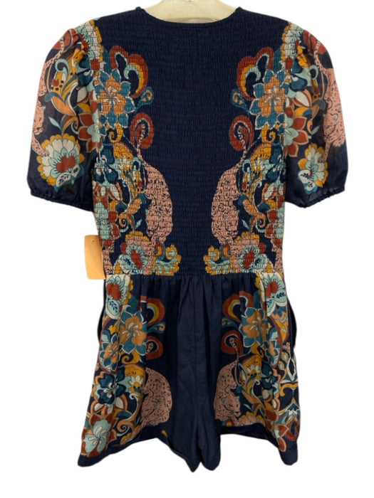 Caballero Size S Navy & Multi Cotton & Silk Button Up All Over Print Romper Navy & Multi / S