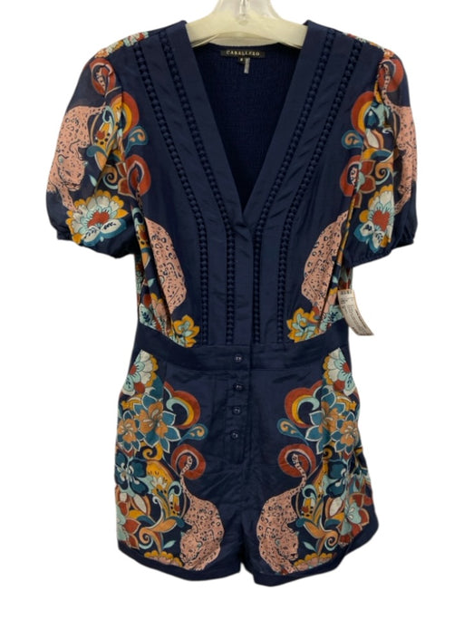 Caballero Size S Navy & Multi Cotton & Silk Button Up All Over Print Romper Navy & Multi / S