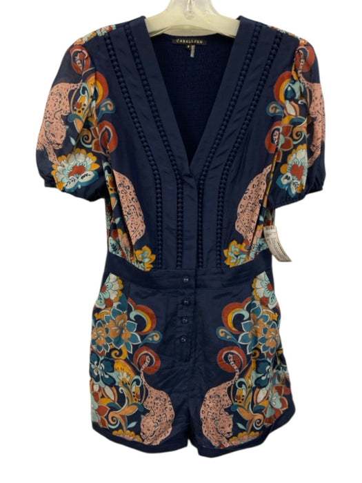 Caballero Size S Navy & Multi Cotton & Silk Button Up All Over Print Romper Navy & Multi / S